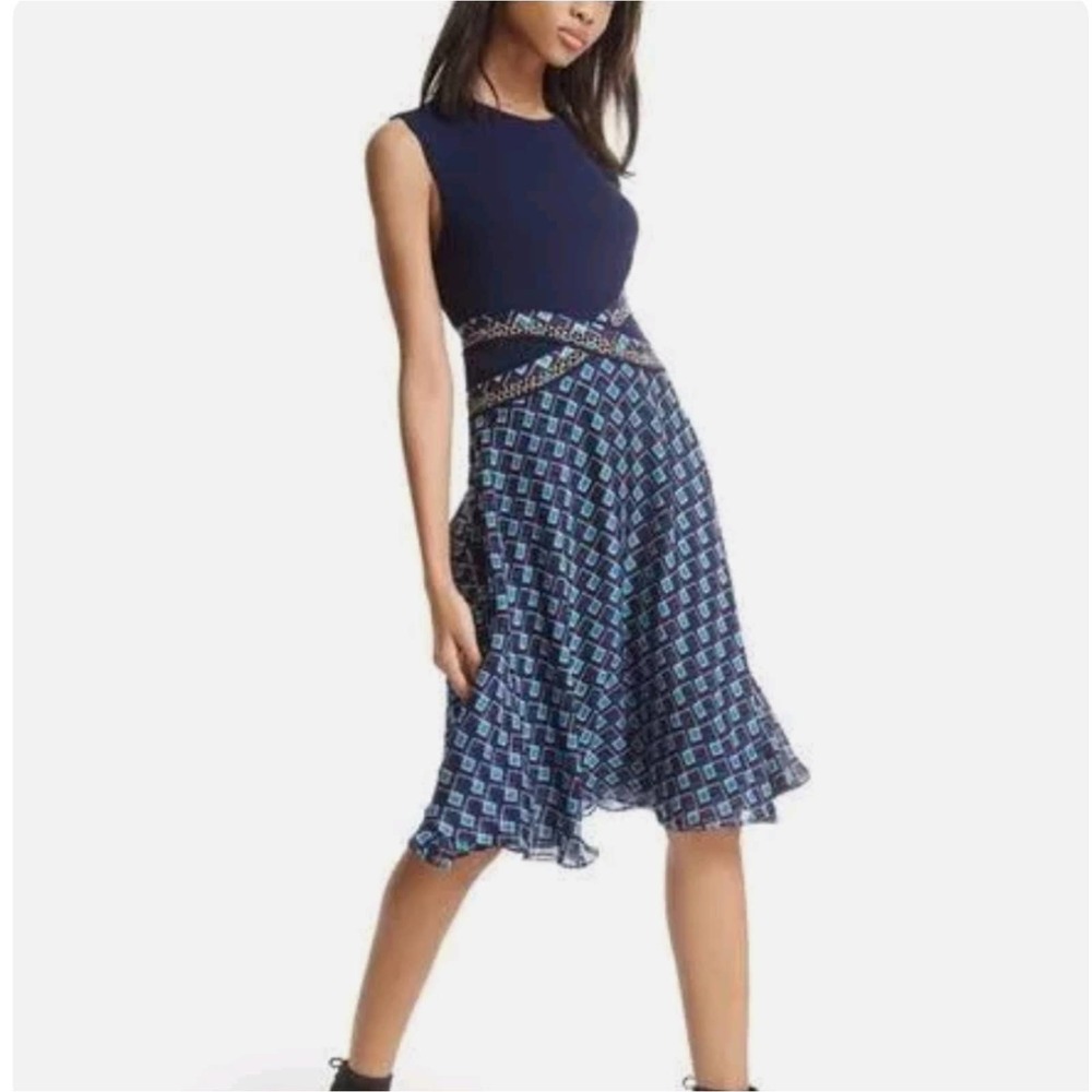 Diane Von Furstenberg Navy and Blue Printed Midi Dress